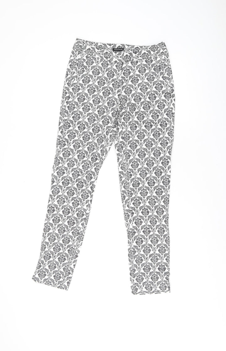 Warehouse Womens Black Geometric Cotton Trousers Size 6 L26.5 in Regular Zip