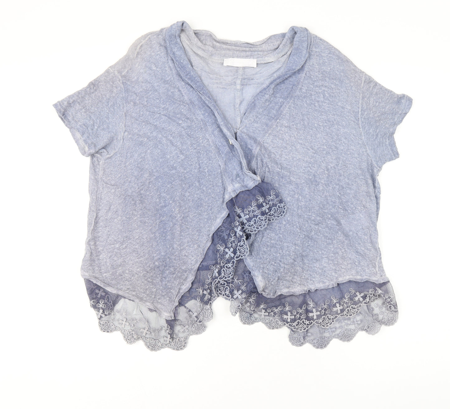 FREC Sabatier Womens Blue Linen Basic Blouse Size 12 V-Neck - Mesh Detail