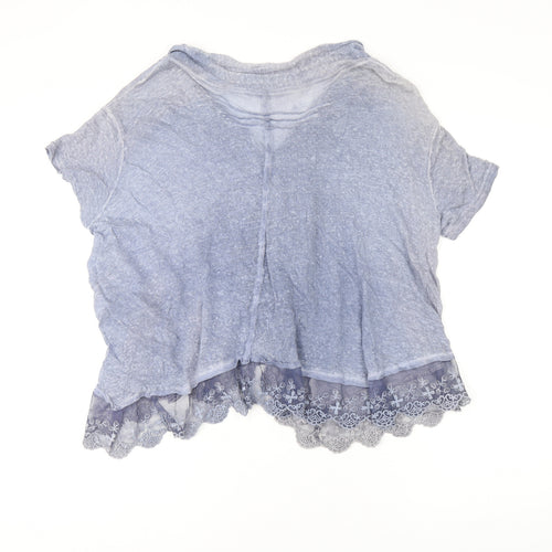 FREC Sabatier Womens Blue Linen Basic Blouse Size 12 V-Neck - Mesh Detail
