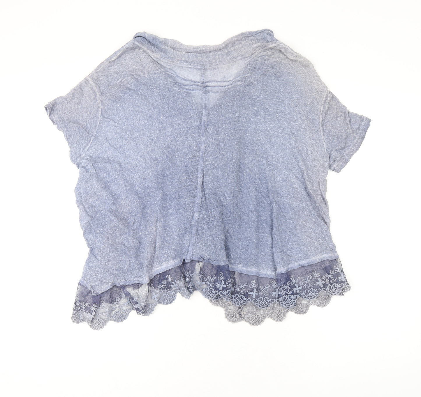 FREC Sabatier Womens Blue Linen Basic Blouse Size 12 V-Neck - Mesh Detail
