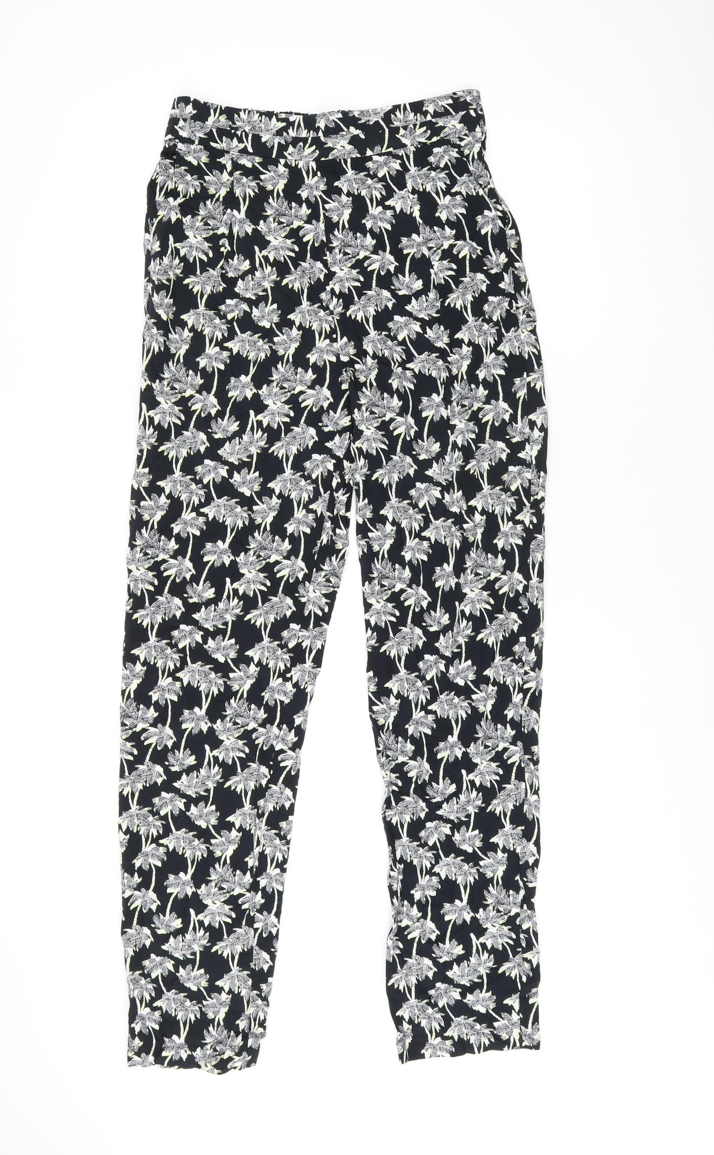 Marks and Spencer Womens Black Geometric Viscose Trousers Size 8 L29 in Regular Drawstring - Palm Tree Print