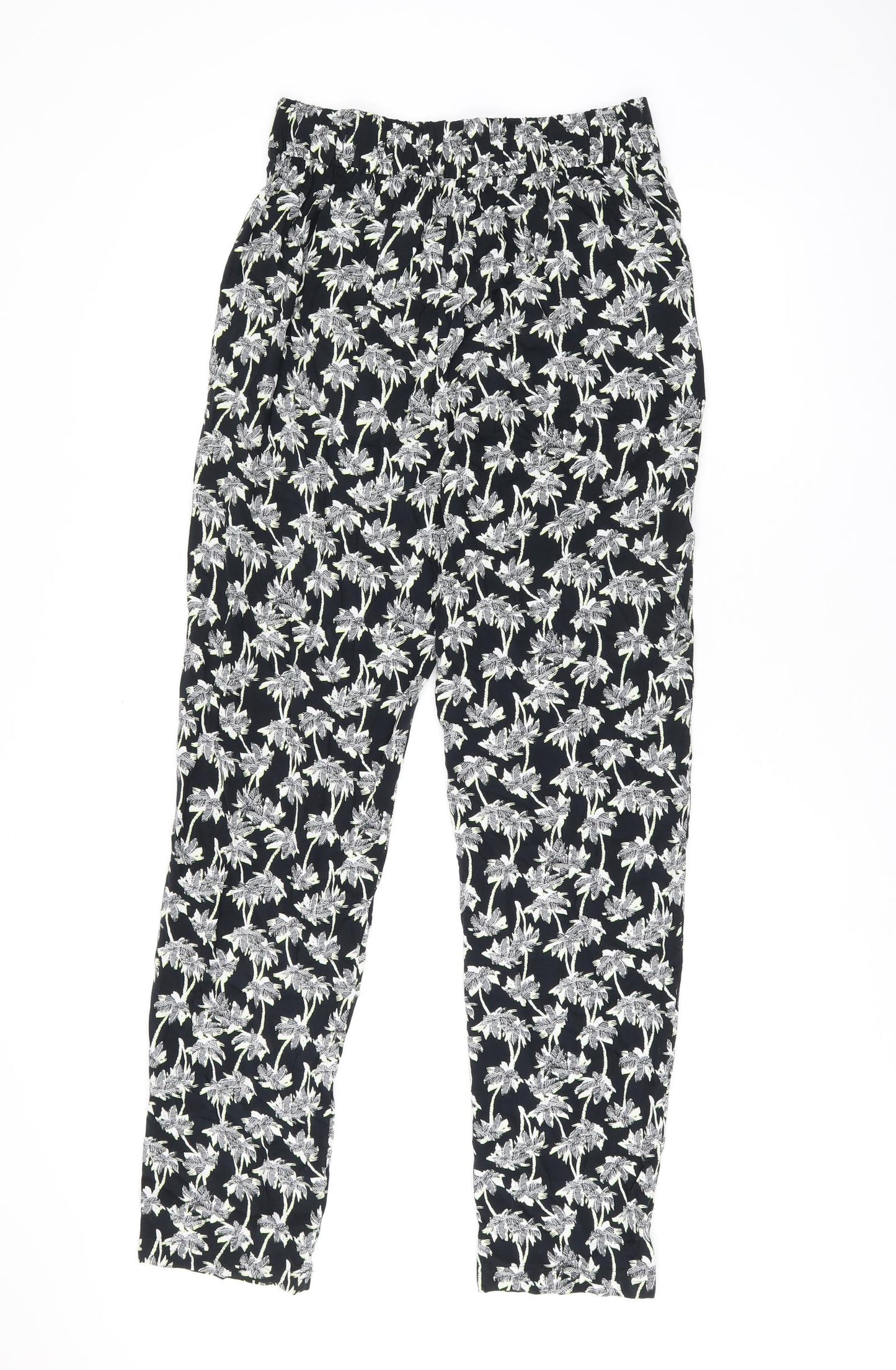 Marks and Spencer Womens Black Geometric Viscose Trousers Size 8 L29 in Regular Drawstring - Palm Tree Print