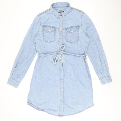New Look Womens Blue Cotton Shirt Dress Size 12 Collared Snap - Belted