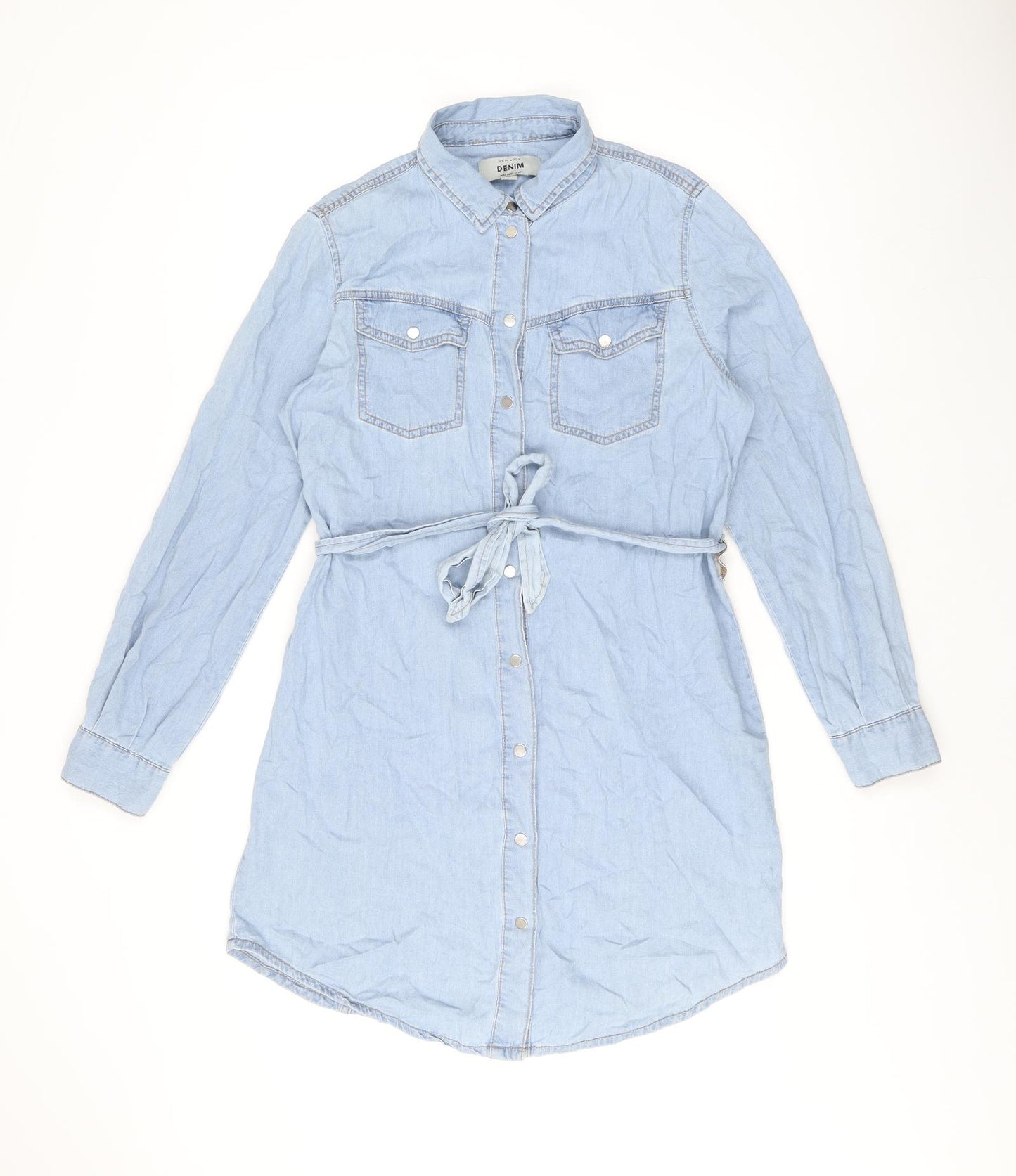 New Look Womens Blue Cotton Shirt Dress Size 12 Collared Snap - Belted