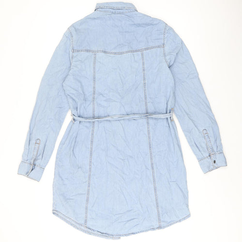 New Look Womens Blue Cotton Shirt Dress Size 12 Collared Snap - Belted