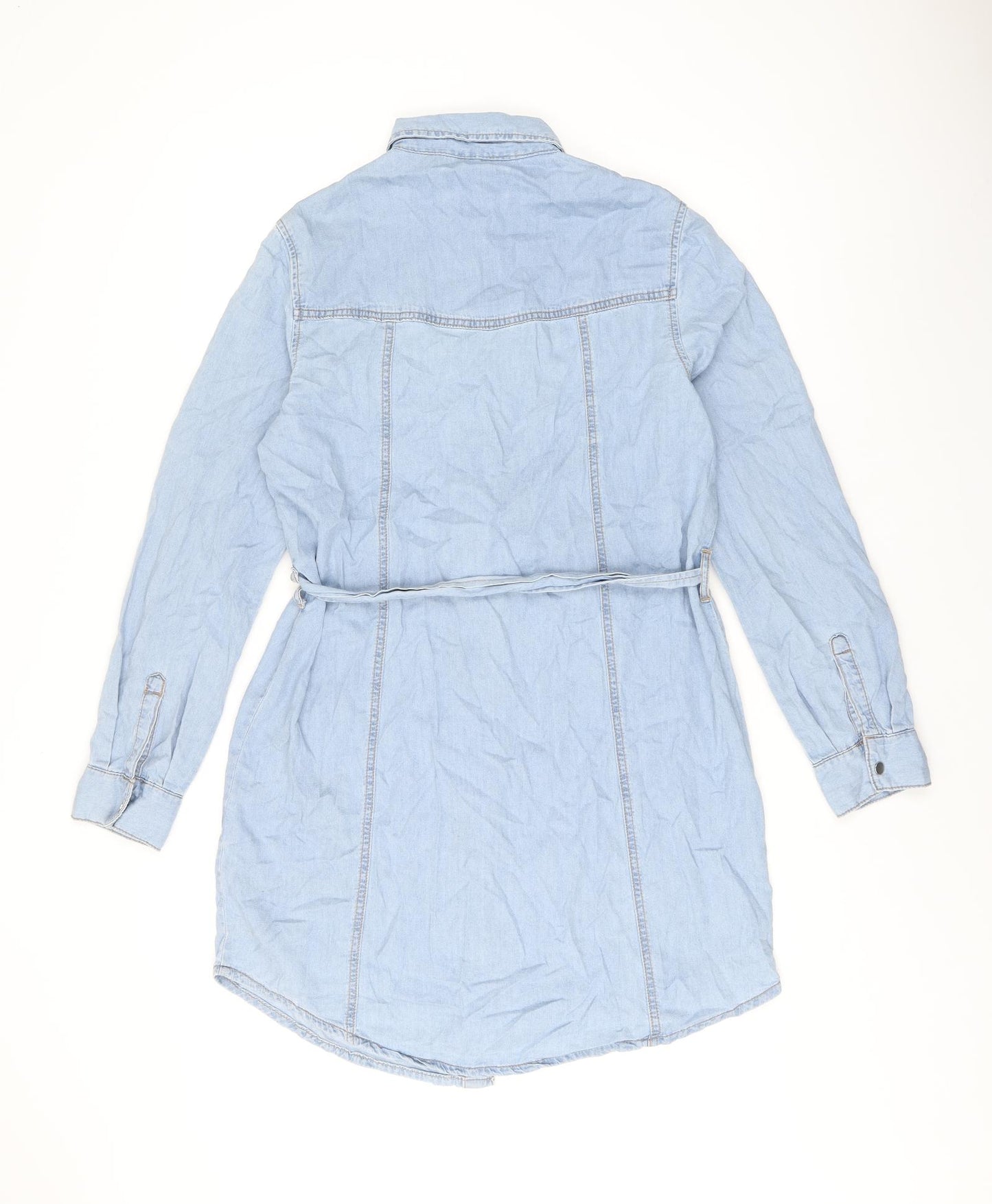 New Look Womens Blue Cotton Shirt Dress Size 12 Collared Snap - Belted