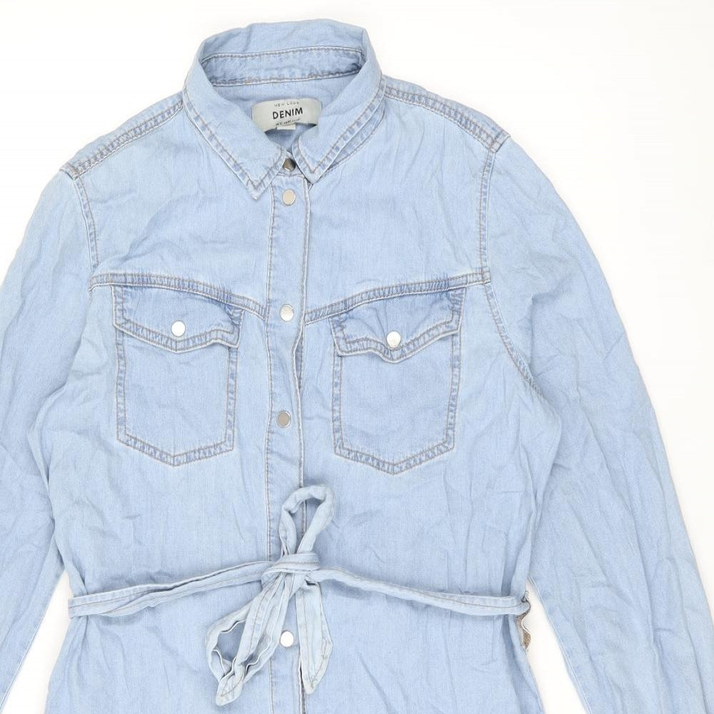 New Look Womens Blue Cotton Shirt Dress Size 12 Collared Snap - Belted