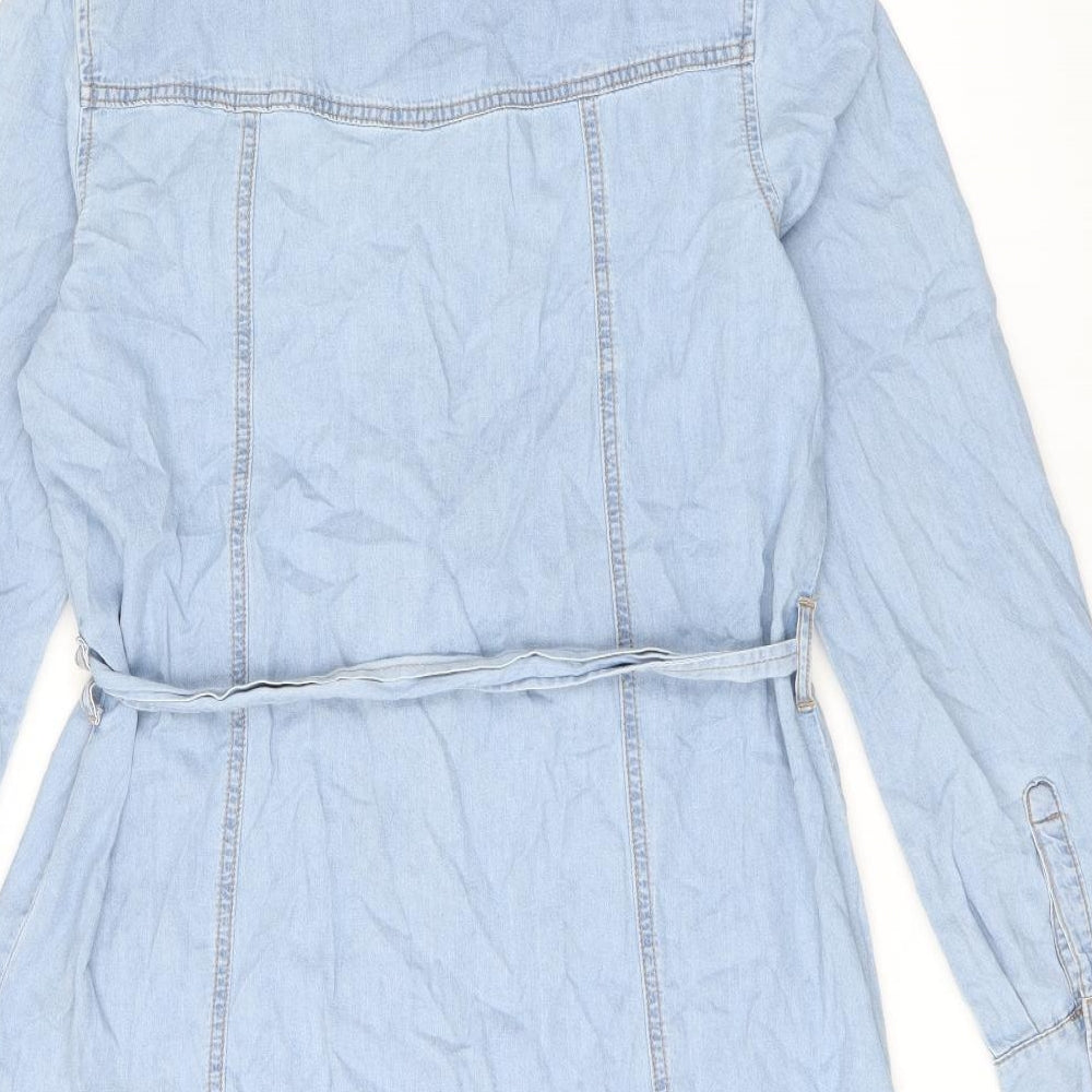 New Look Womens Blue Cotton Shirt Dress Size 12 Collared Snap - Belted