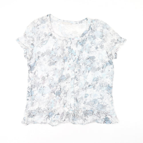 Armand Thiery Womens Blue Floral Viscose Basic T-Shirt Size 6 Scoop Neck