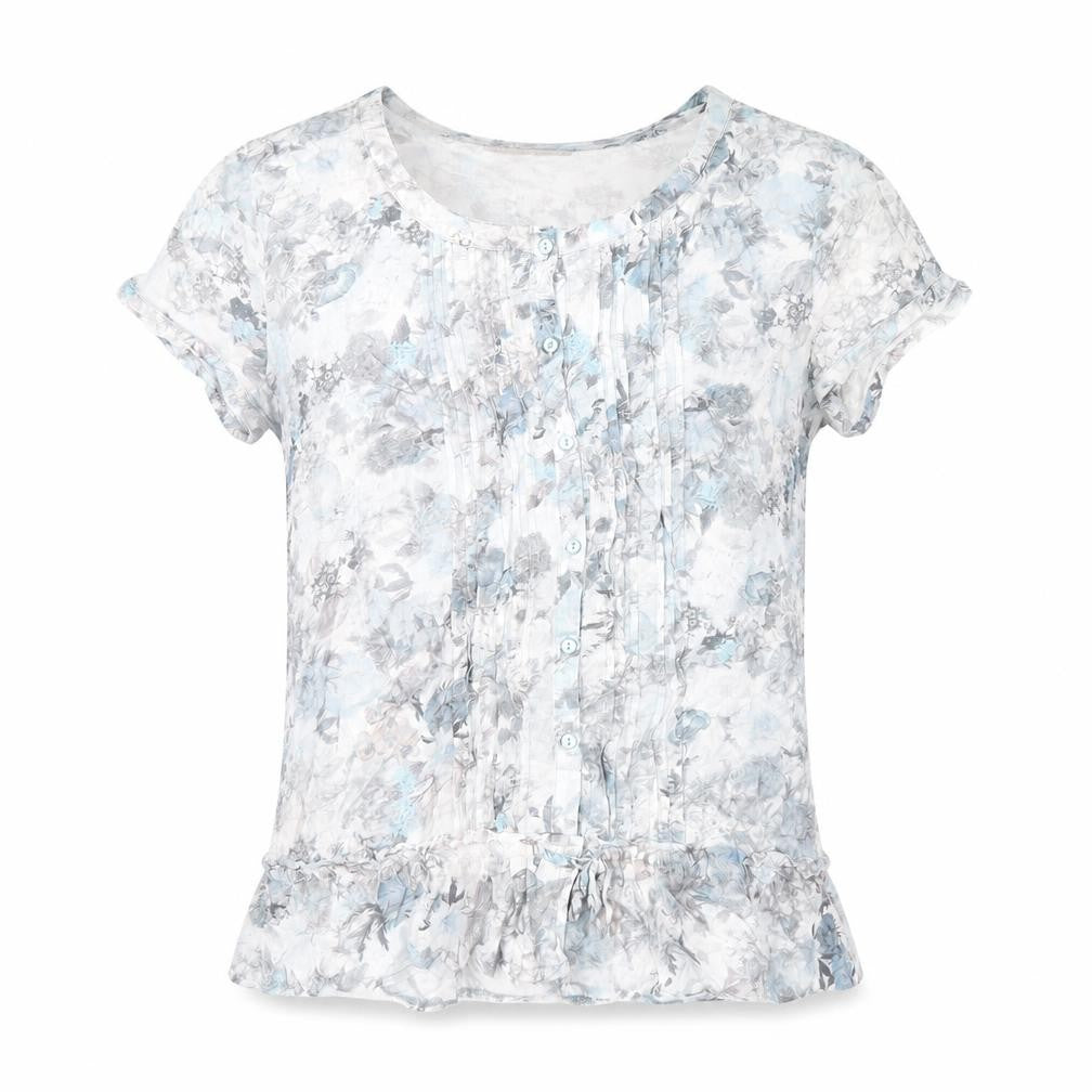 Armand Thiery Womens Blue Floral Viscose Basic T-Shirt Size 6 Scoop Neck