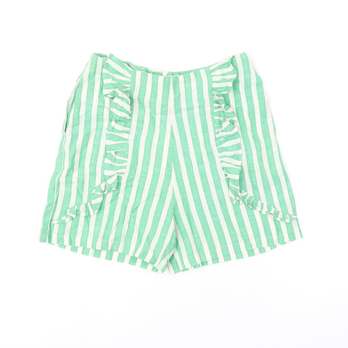 Glamorous Womens Green Striped Cotton Basic Shorts Size 8 L3.5 in Regular Zip - Frill Detail
