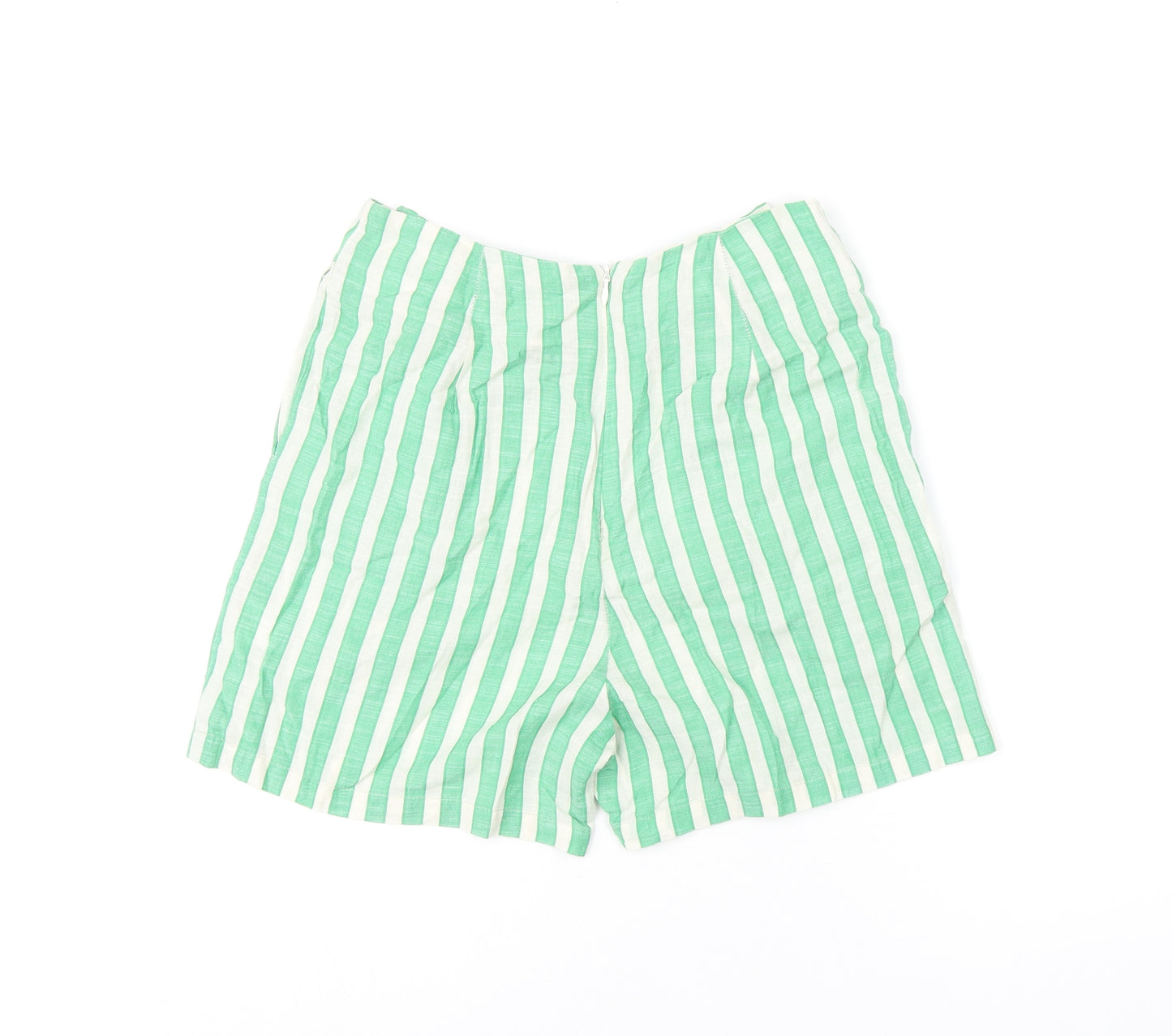 Glamorous Womens Green Striped Cotton Basic Shorts Size 8 L3.5 in Regular Zip - Frill Detail