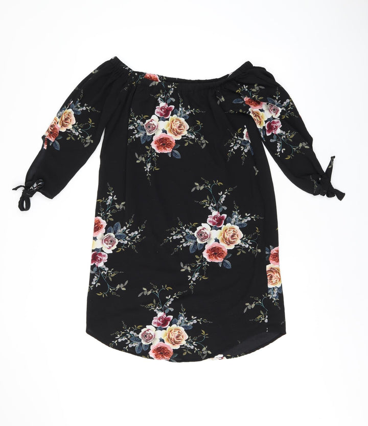 Cameo Rose Womens Black Floral Polyester Mini Size 10 Off the Shoulder Pullover