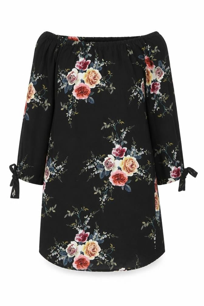 Front view of Cameo Rose women’s black floral polyester mini, size UK 10, off the shoulder pullover