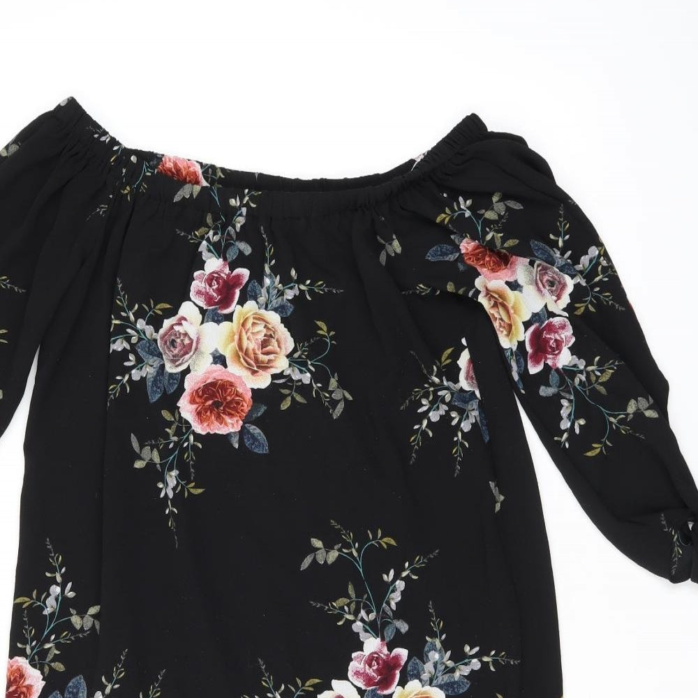 Cameo Rose Womens Black Floral Polyester Mini Size 10 Off the Shoulder Pullover