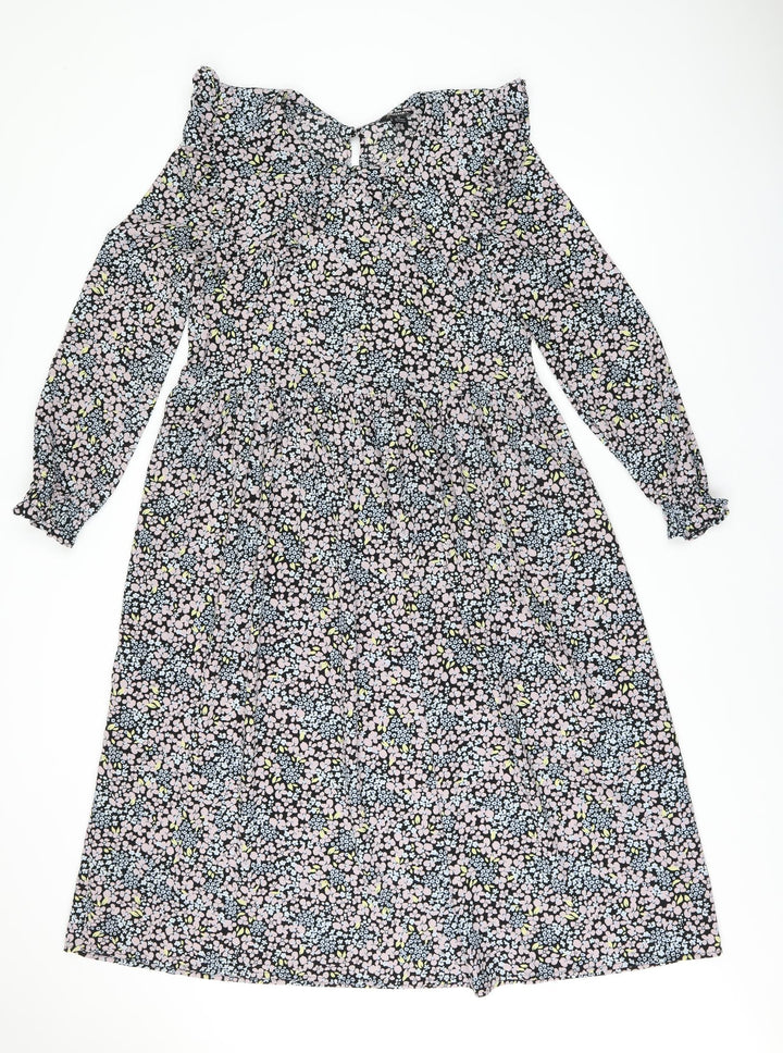 Monki Womens Multicoloured Floral Polyester A-Line Size 6 Collared Button