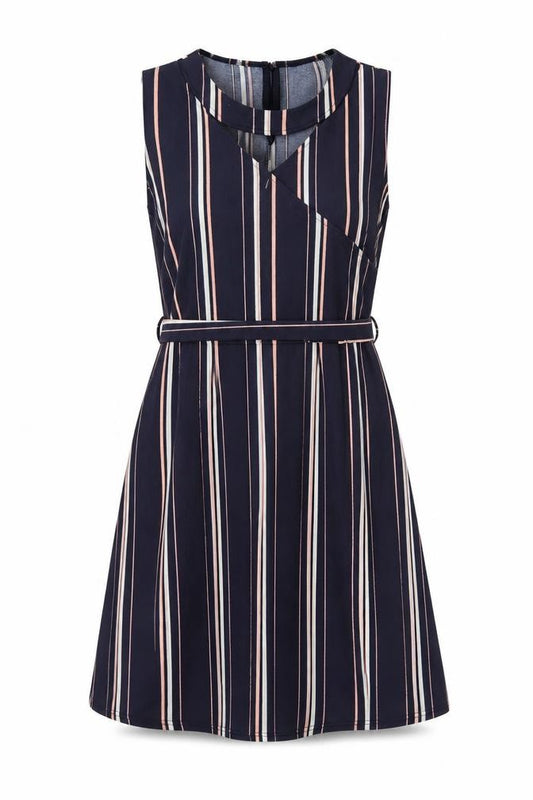 Front view of Ding Yu women’s blue striped polyester a-line, size XL, round neck pullover - keyhole neck