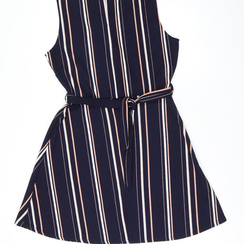 Ding Yu Womens Blue Striped Polyester A-Line Size XL Round Neck Pullover - Keyhole Neck