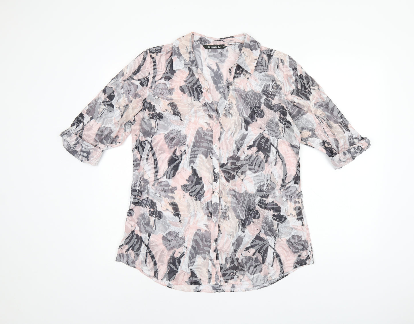 Bonmarché Womens Pink Geometric Polyester Basic Button-Up Size 10 Collared - Leaf Print