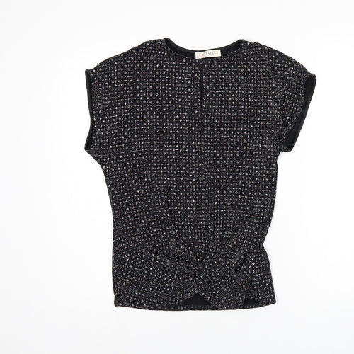 Oasis Womens Black Polyamide Basic T-Shirt Size S Round Neck - Sparkle Effect, Twist Detail, Keyhole Neck