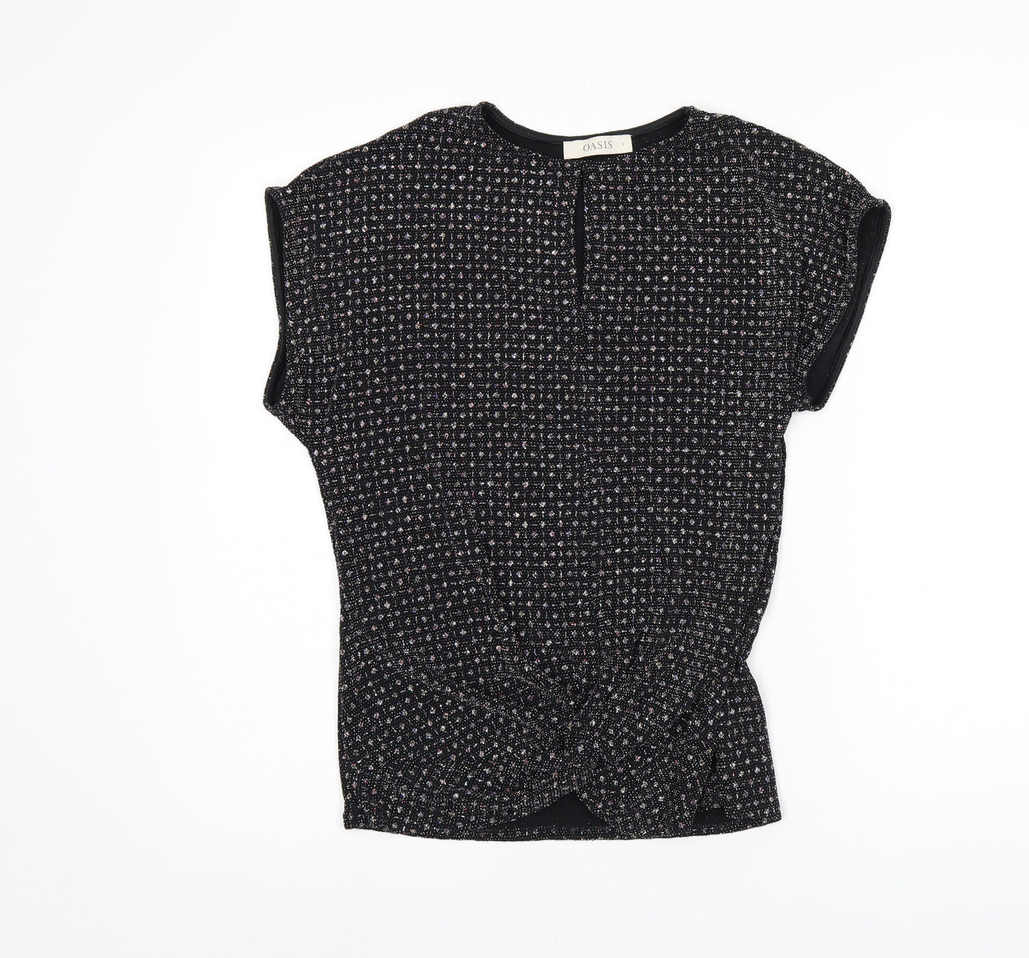 Oasis Womens Black Polyamide Basic T-Shirt Size S Round Neck - Sparkle Effect, Twist Detail, Keyhole Neck