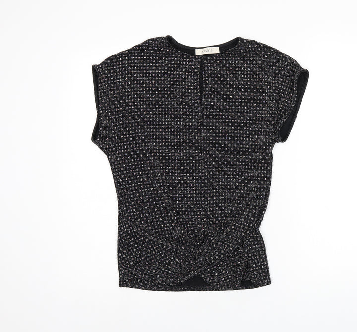Oasis Womens Black Polyamide Basic T-Shirt Size S Round Neck - Sparkle Effect, Twist Detail, Keyhole Neck