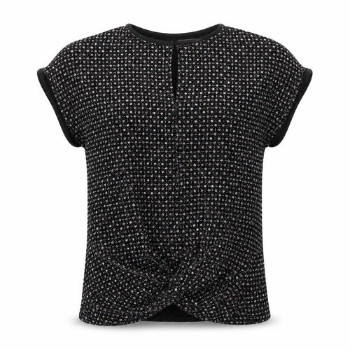 Oasis Womens Black Polyamide Basic T-Shirt Size S Round Neck - Sparkle Effect, Twist Detail, Keyhole Neck