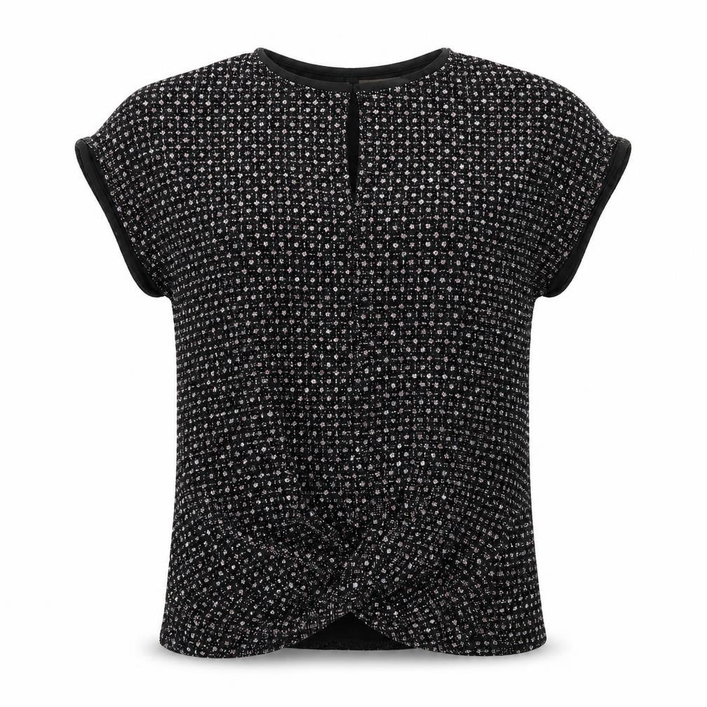 Oasis Womens Black Polyamide Basic T-Shirt Size S Round Neck - Sparkle Effect, Twist Detail, Keyhole Neck