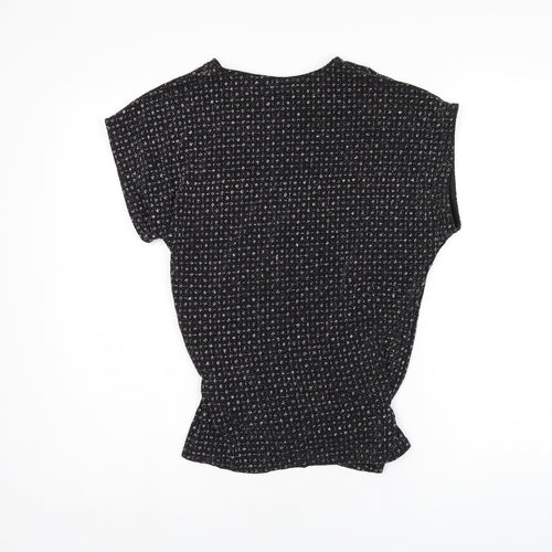 Oasis Womens Black Polyamide Basic T-Shirt Size S Round Neck - Sparkle Effect, Twist Detail, Keyhole Neck