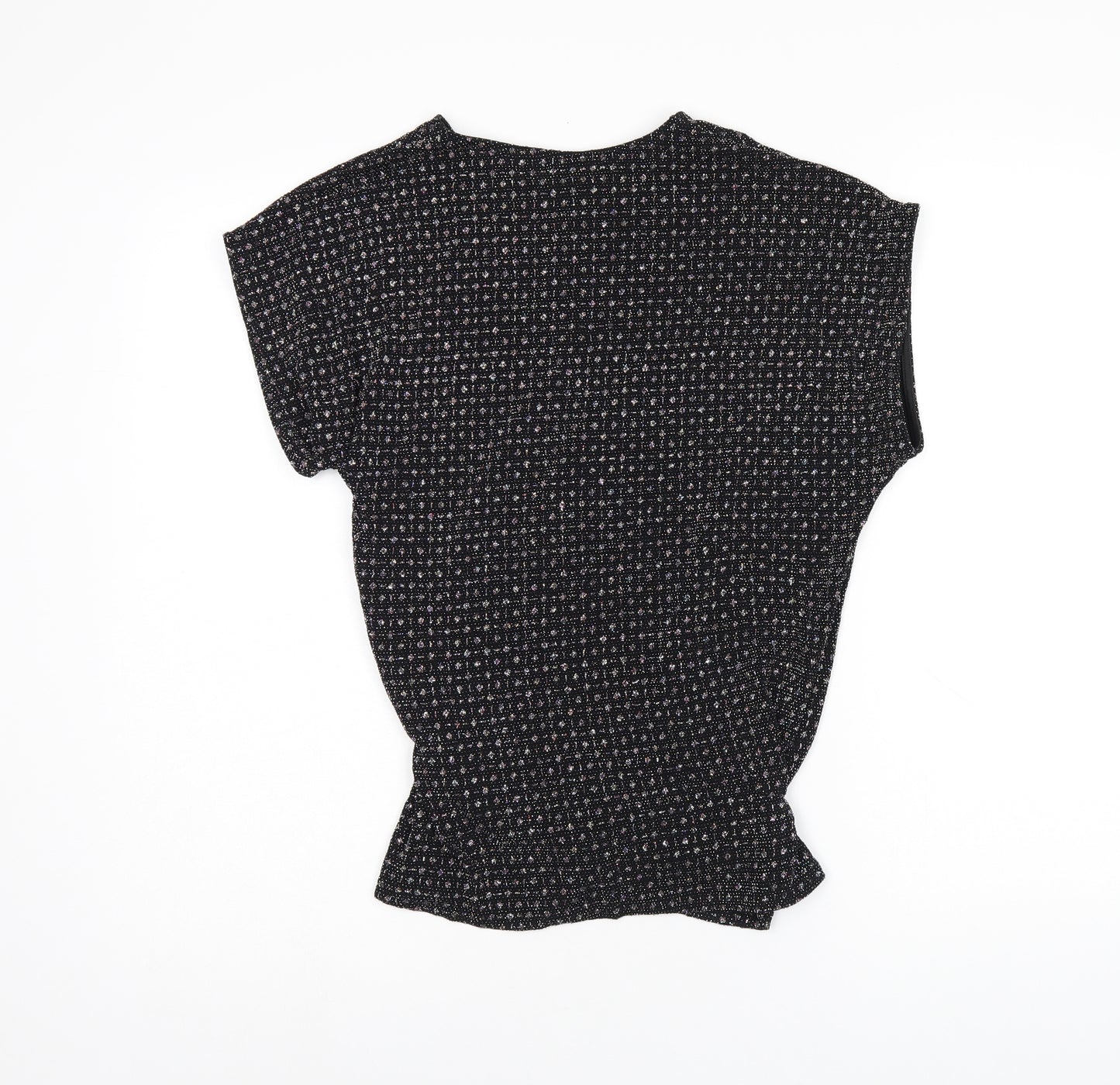 Oasis Womens Black Polyamide Basic T-Shirt Size S Round Neck - Sparkle Effect, Twist Detail, Keyhole Neck