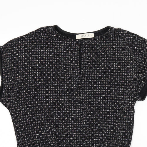 Oasis Womens Black Polyamide Basic T-Shirt Size S Round Neck - Sparkle Effect, Twist Detail, Keyhole Neck