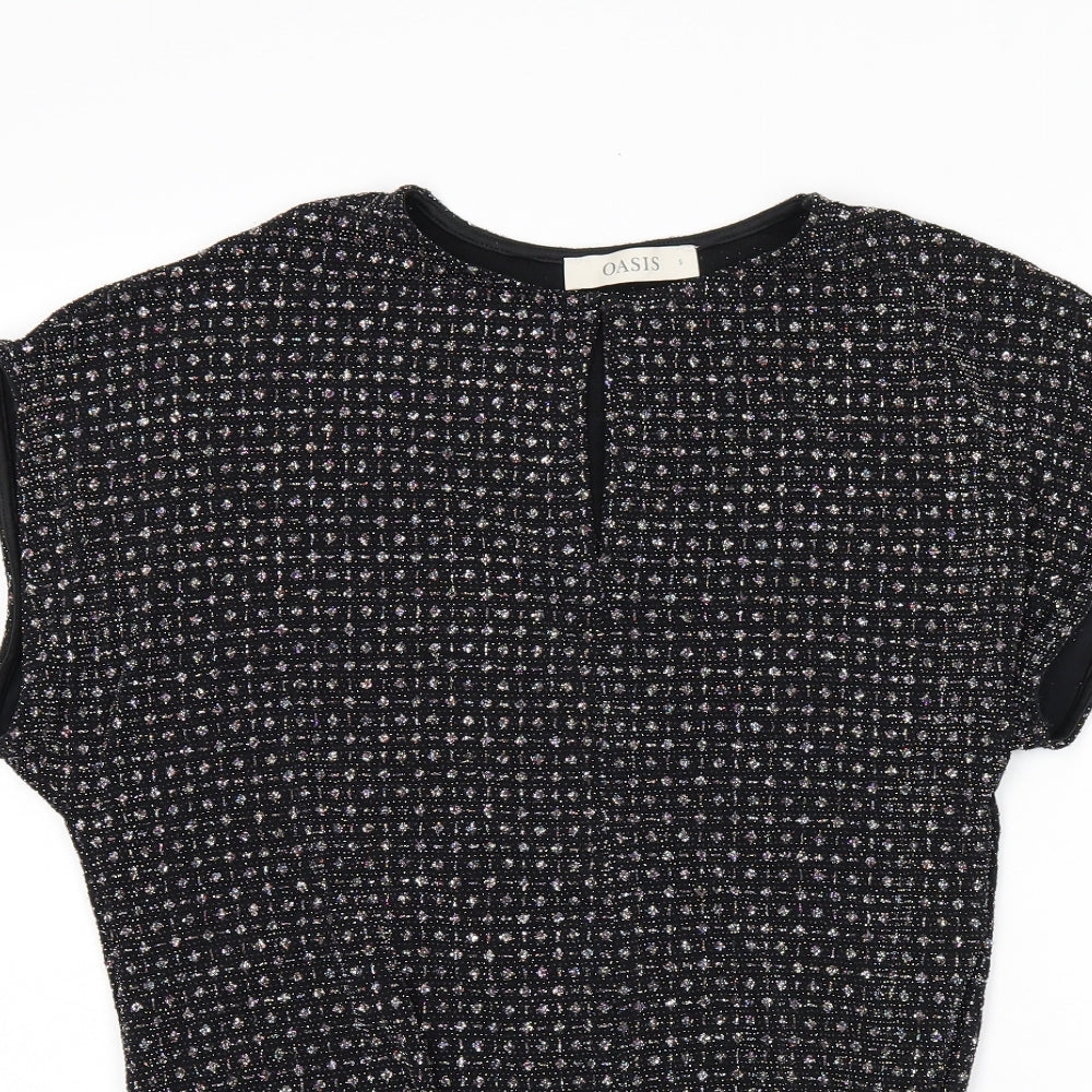 Oasis Womens Black Polyamide Basic T-Shirt Size S Round Neck - Sparkle Effect, Twist Detail, Keyhole Neck