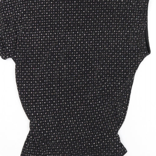 Oasis Womens Black Polyamide Basic T-Shirt Size S Round Neck - Sparkle Effect, Twist Detail, Keyhole Neck