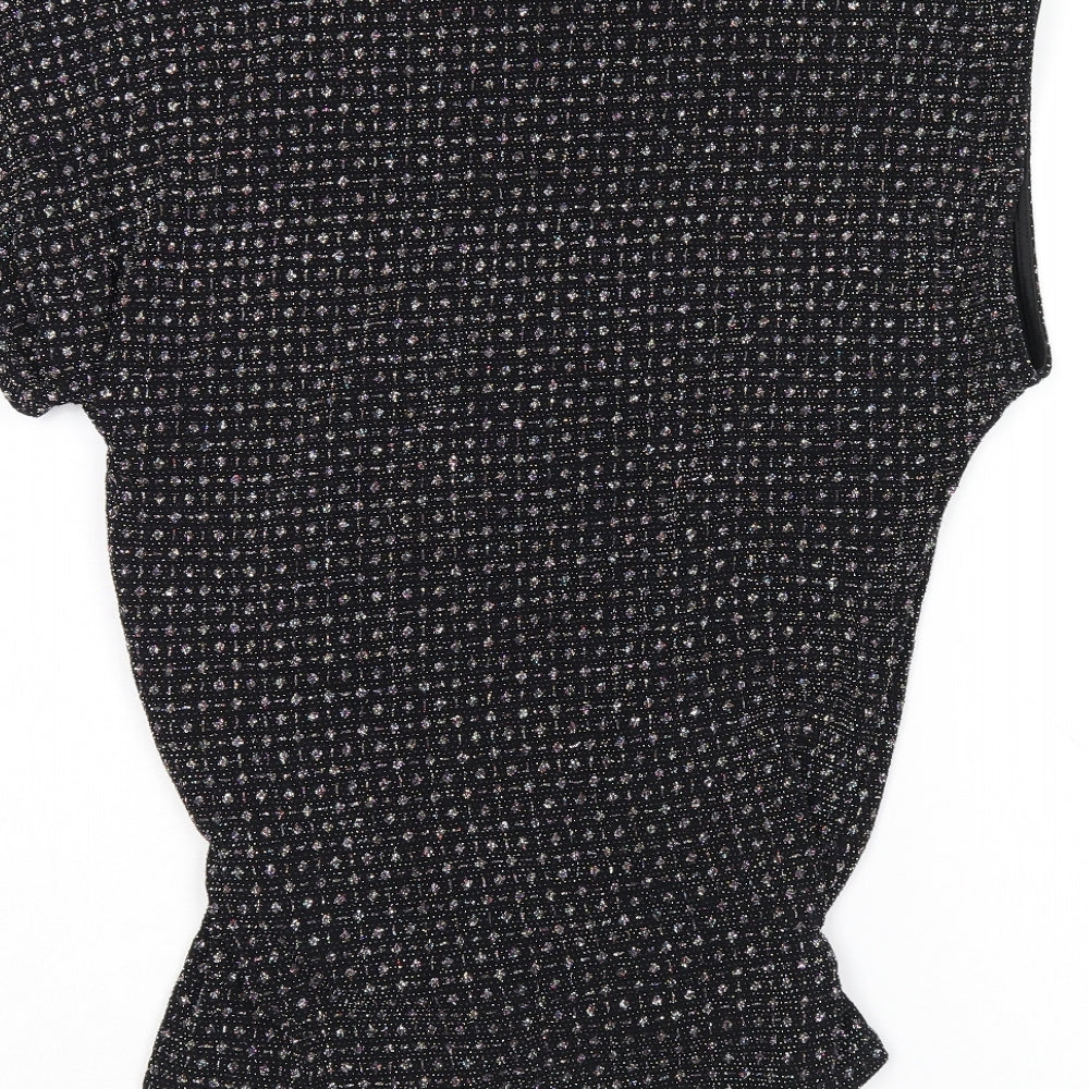 Oasis Womens Black Polyamide Basic T-Shirt Size S Round Neck - Sparkle Effect, Twist Detail, Keyhole Neck