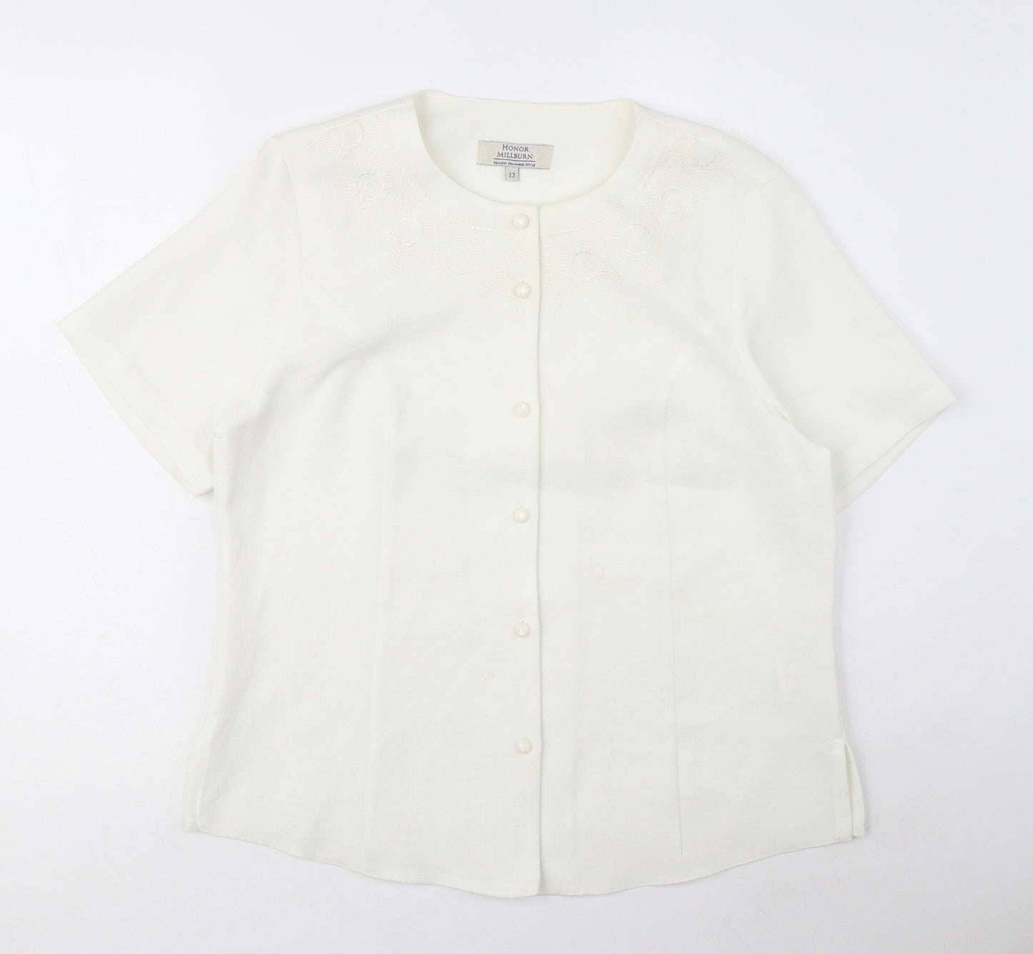 EWM Womens White Polyester Basic Blouse Size 12 Round Neck - Embroidered detail