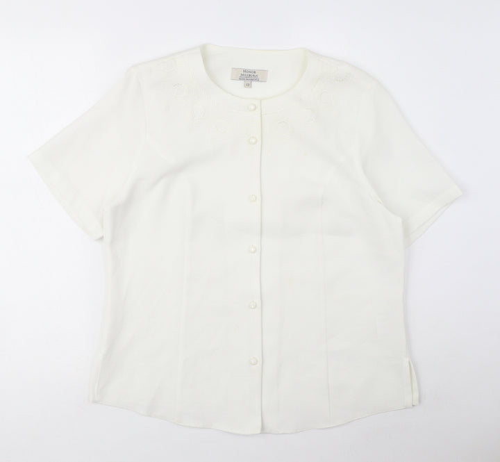 EWM Womens White Polyester Basic Blouse Size 12 Round Neck - Embroidered detail