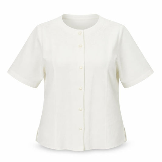 Front view of EWM women’s white polyester basic blouse, size UK 12, round neck - embroidered detail