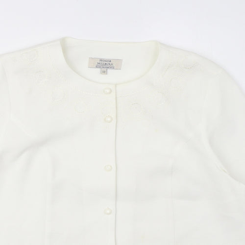 EWM Womens White Polyester Basic Blouse Size 12 Round Neck - Embroidered detail