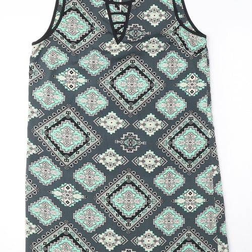 Red Herring Womens Blue Geometric Polyester Tank Dress Size 12 Round Neck Button - Keyhole Neck