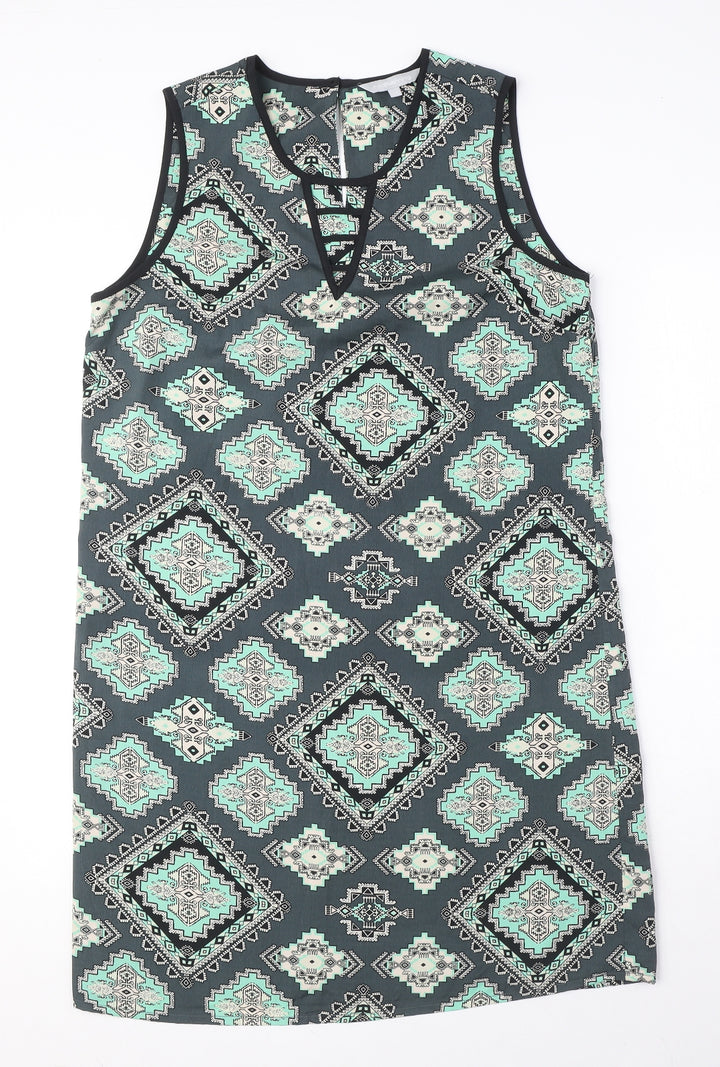 Red Herring Womens Blue Geometric Polyester Tank Dress Size 12 Round Neck Button - Keyhole Neck