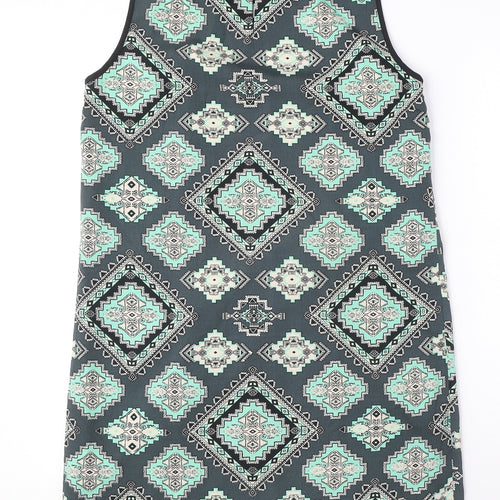 Red Herring Womens Blue Geometric Polyester Tank Dress Size 12 Round Neck Button - Keyhole Neck