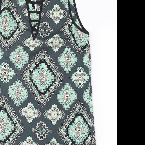 Red Herring Womens Blue Geometric Polyester Tank Dress Size 12 Round Neck Button - Keyhole Neck