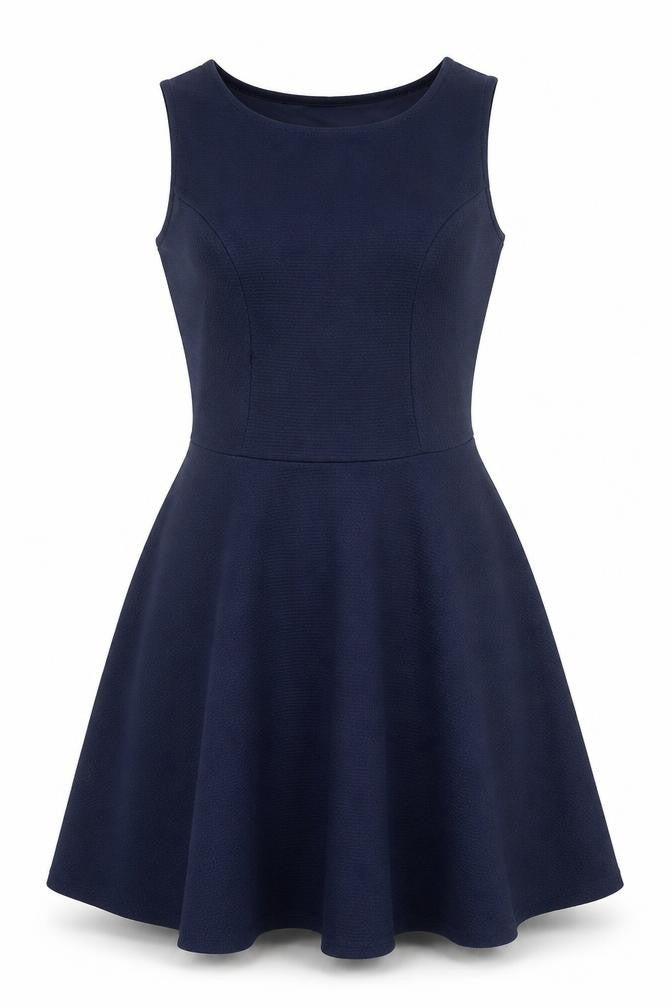 Front view of Quiz women’s blue polyester fit & flare, size UK 10, round neck pullover - textured