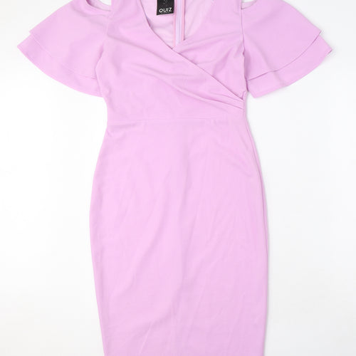 Quiz Womens Purple Polyester Pencil Dress Size 8 V-Neck Zip - Cold Shoulder, Ruffle Sleeves