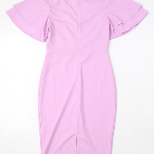 Quiz Womens Purple Polyester Pencil Dress Size 8 V-Neck Zip - Cold Shoulder, Ruffle Sleeves