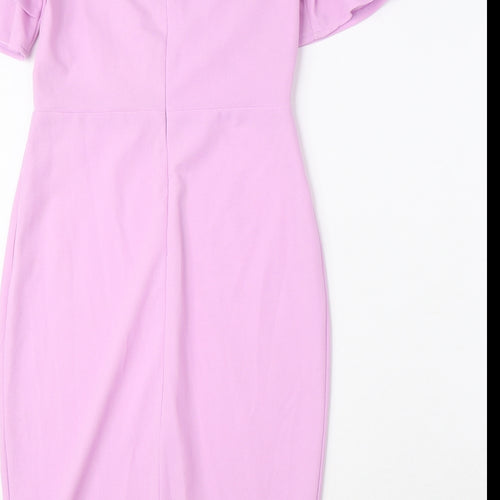 Quiz Womens Purple Polyester Pencil Dress Size 8 V-Neck Zip - Cold Shoulder, Ruffle Sleeves