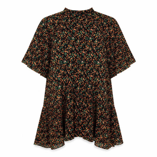 Front view of ASOS women’s black floral polyester t-shirt dress, size UK 10, round neck pullover - textured