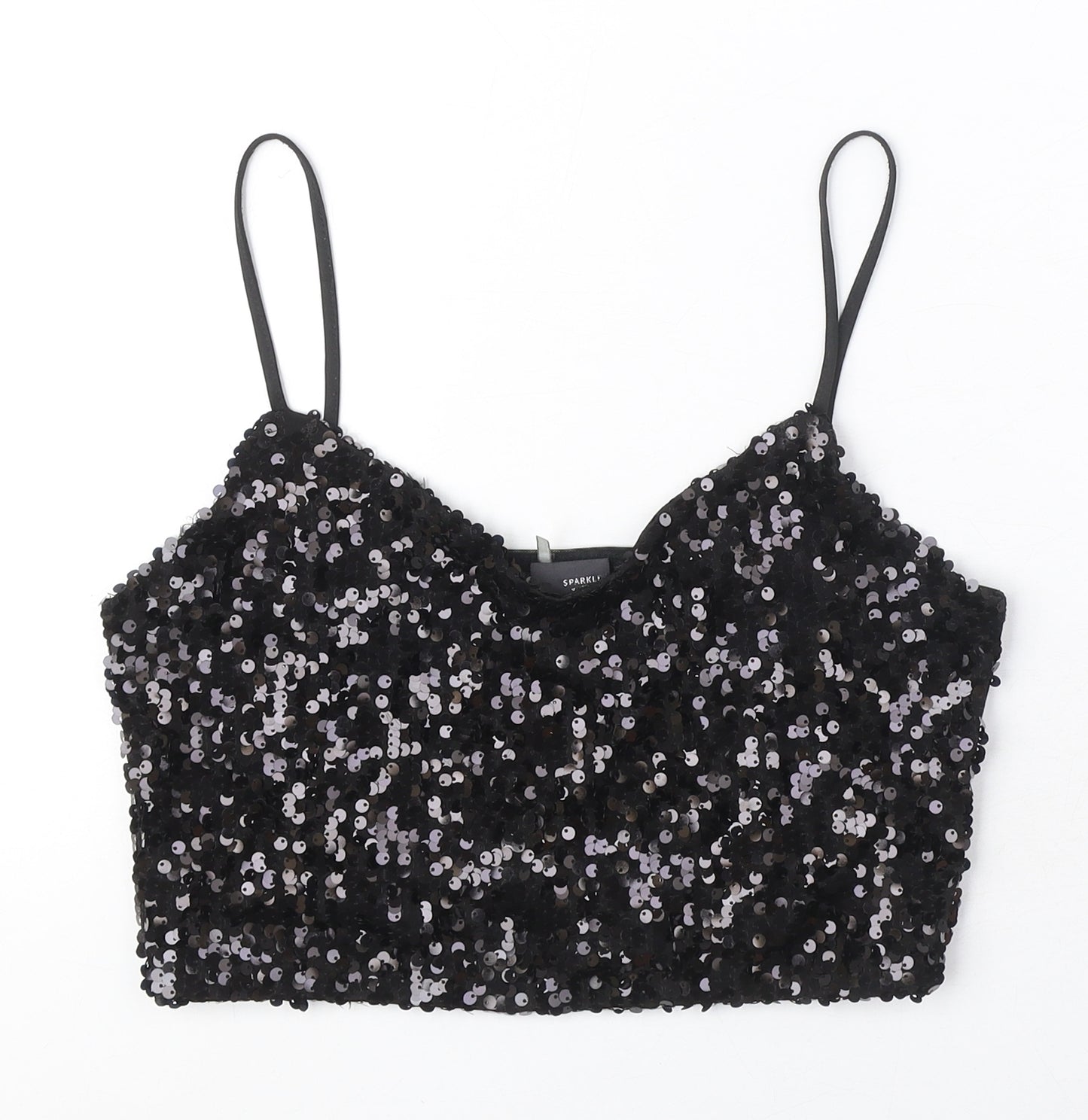 Sparkle & Fade Womens Black Polyester Cropped T-Shirt Size M V-Neck - Sequin
