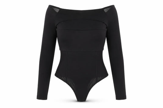 Front view of ASOS women’s black polyester bodysuit one-piece, size UK 10, snap - cut out detail