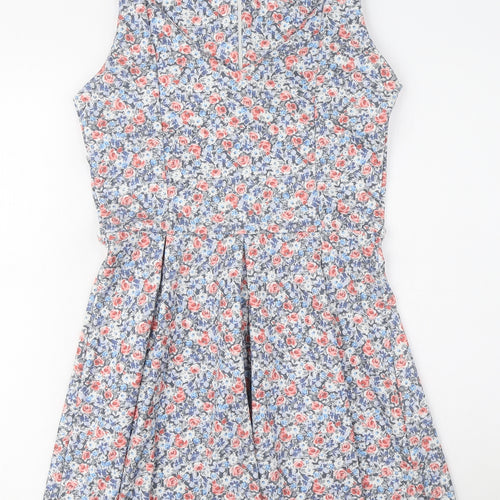 Pull&Bear Womens Blue Floral Polyester Fit & Flare Size L V-Neck Zip